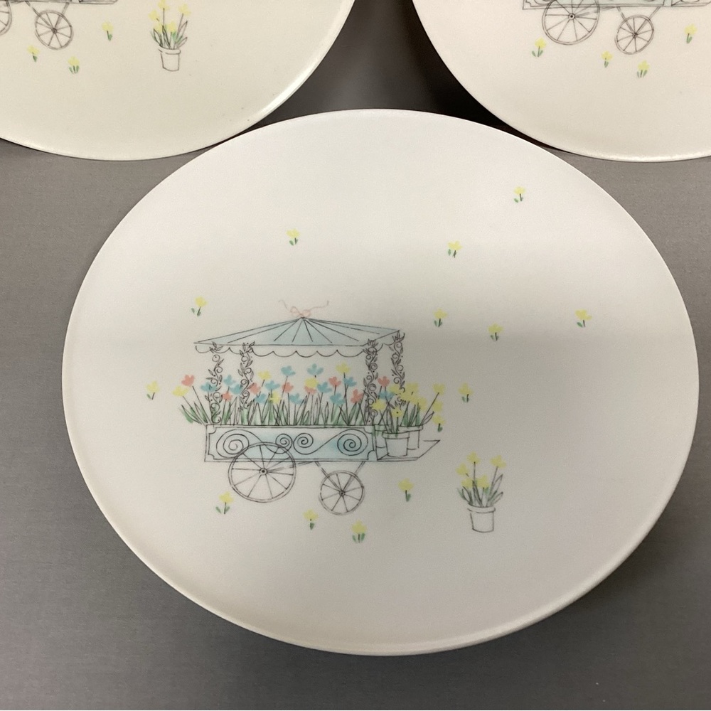 🔵 Vintage MCM Lucent Dinnerware - 3 Dinner Plates - Melamine - Flower Cart - Picture 5 of 13